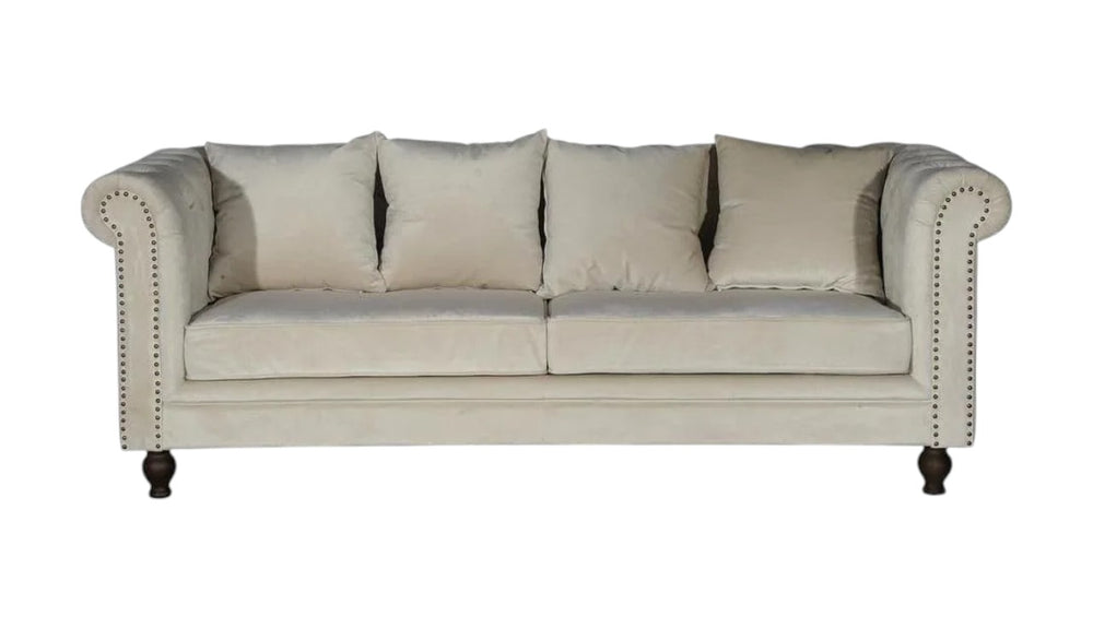 Velvet 3-Seater Sofa in Cream | Chesterfield-Style Elegant Velvet Sofa