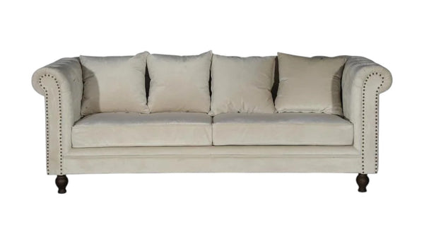 Velvet 3-Seater Sofa in Cream | Chesterfield-Style Elegant Velvet Sofa