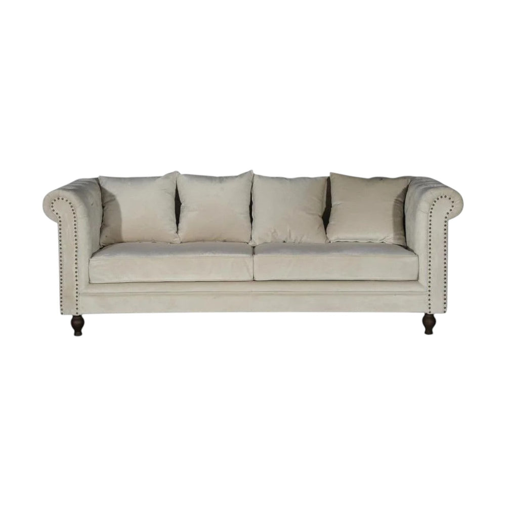 Velvet 3-Seater Sofa in Cream | Chesterfield-Style Elegant Velvet Sofa