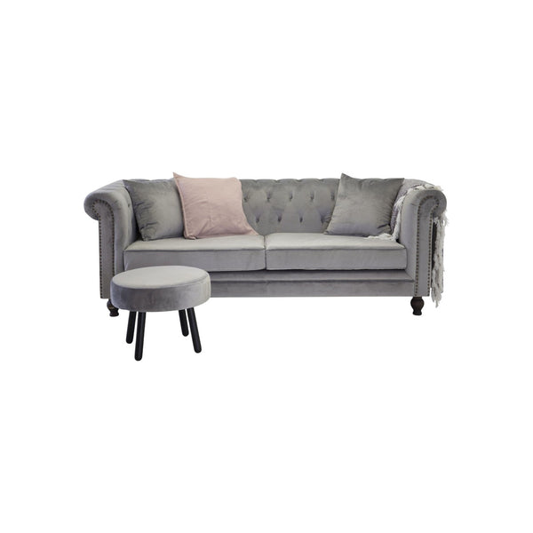Velvet 3-Seater Sofa in Light Grey | Chesterfield-Style Elegant Velvet Sofa