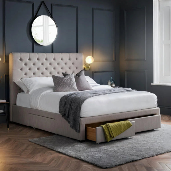 Julian Bowen Wilton Grey Linen Deep Button Upholstered 4 Drawer Storage Bed Frame – Double