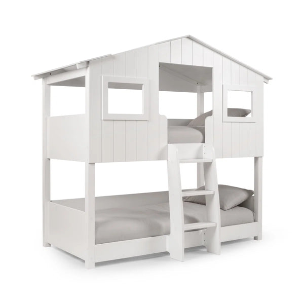 Willow Treehouse Bunk Bed – White Wooden Kids Single Bed with Playhouse Design, Ladder & Windows
