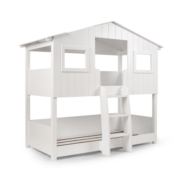 Willow Treehouse Bunk Bed – White Wooden Kids Single Bed with Playhouse Design, Ladder & Windows