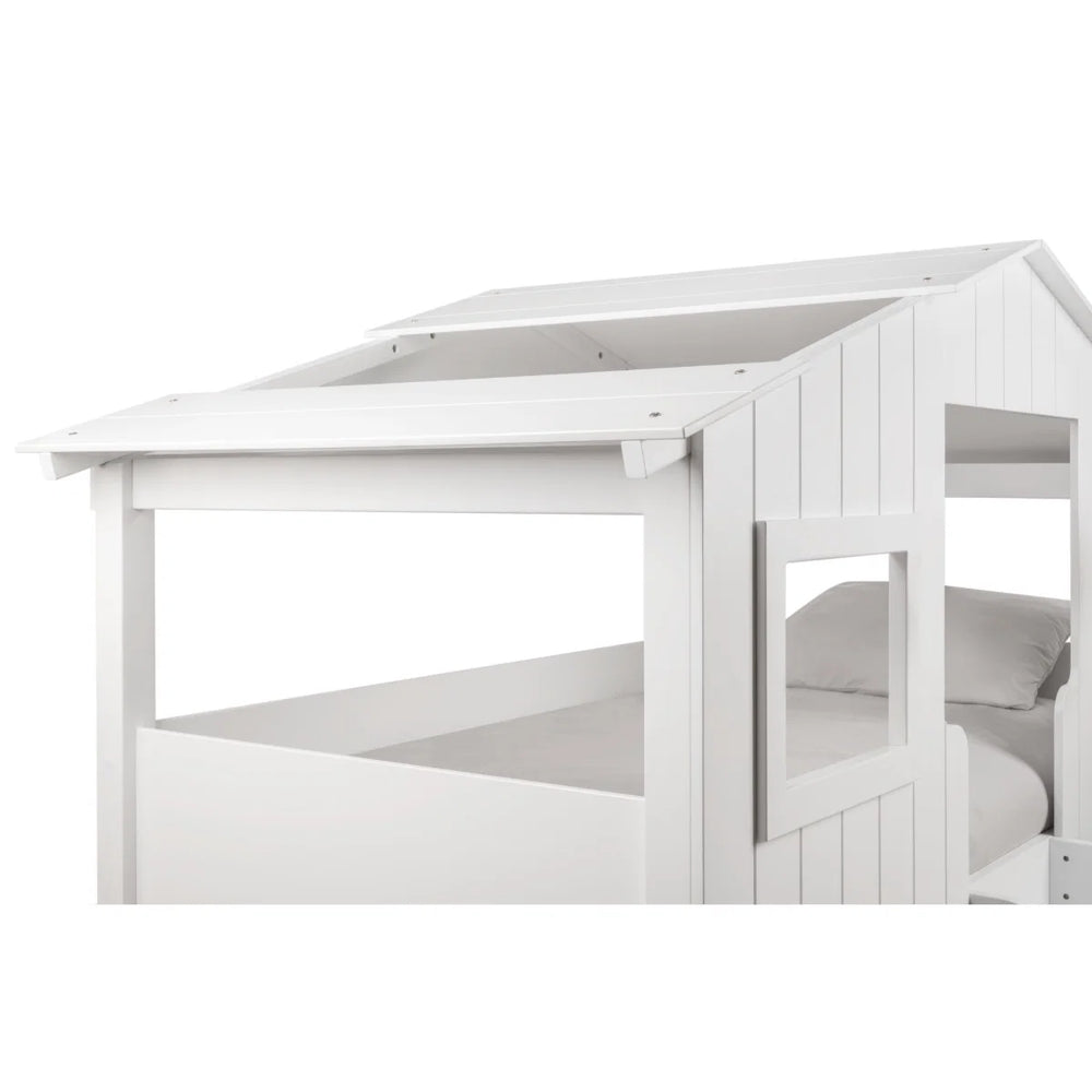 Willow Treehouse Bunk Bed – White Wooden Kids Single Bed with Playhouse Design, Ladder & Windows