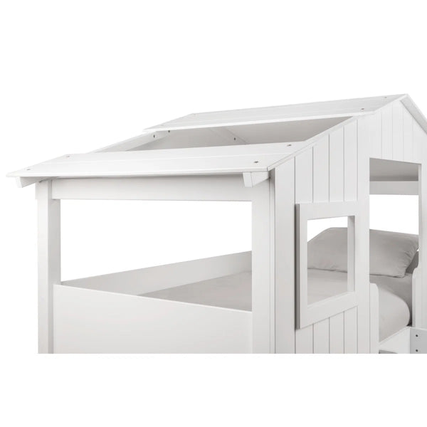 Willow Treehouse Bunk Bed White Wooden Kids Single Bed Frame with Treehouse Design, Ladder & Windows