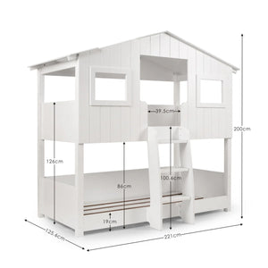 Willow Treehouse Bunk Bed White Wooden Kids Single Bed Frame with Treehouse Design, Ladder & Windows