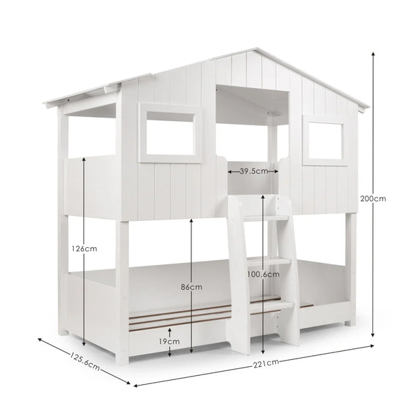 Willow Treehouse Bunk Bed White Wooden Kids Single Bed Frame with Treehouse Design, Ladder & Windows