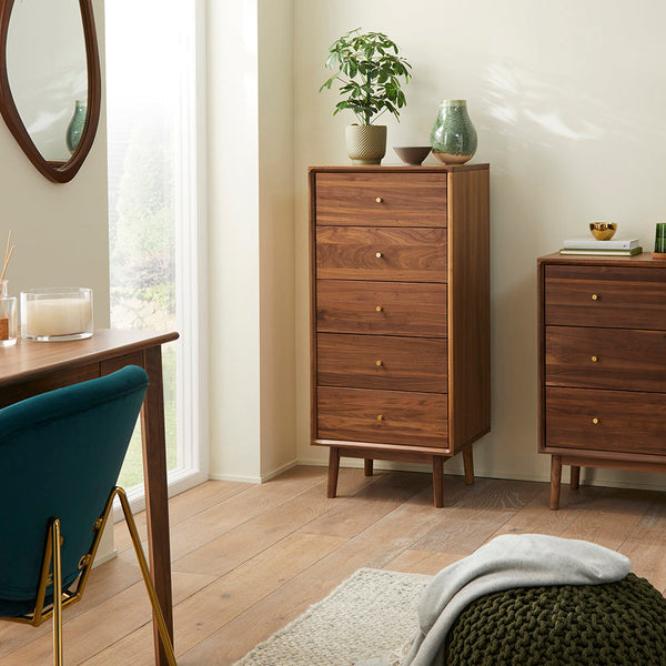 Wright Walnut Tallboy Chest of 5 Drawers - My Store