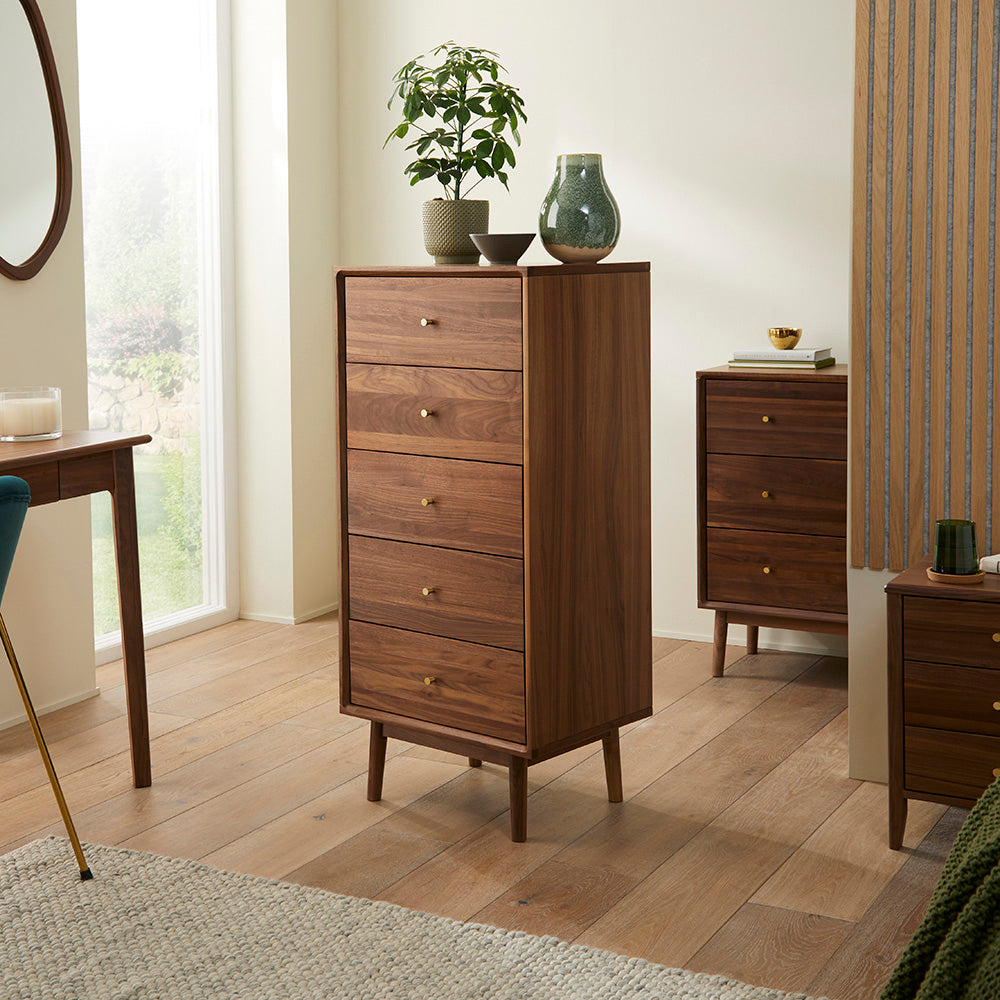 Wright Walnut Tallboy Chest of 5 Drawers - My Store