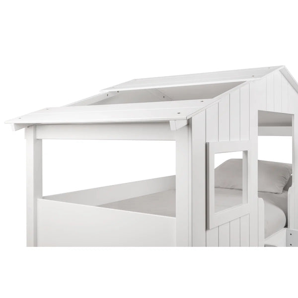 Willow Treehouse Bunk Bed White Wooden Kids Single Bed Frame with Treehouse Design, Ladder & Windows