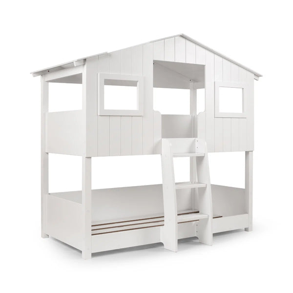 Willow Treehouse Bunk Bed White Wooden Kids Single Bed Frame with Treehouse Design, Ladder & Windows