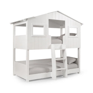 Willow Treehouse Bunk Bed White Wooden Kids Single Bed Frame with Treehouse Design, Ladder & Windows