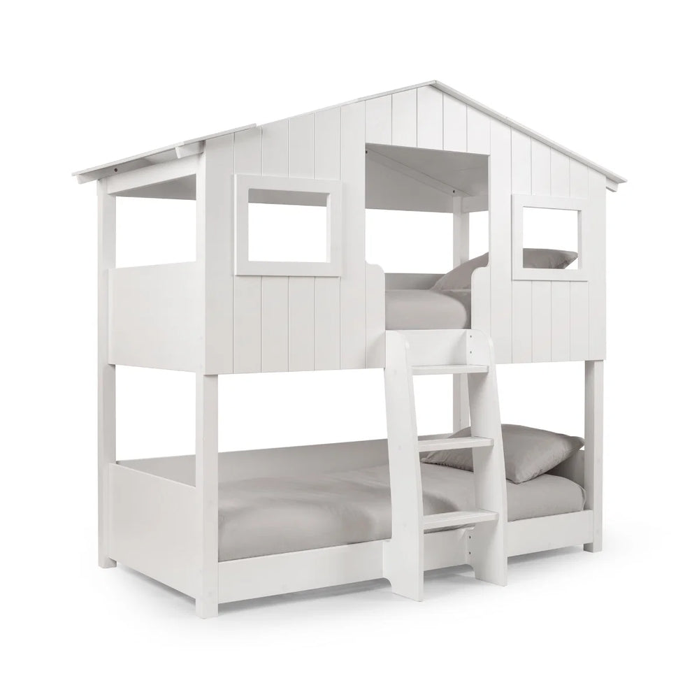 Willow Treehouse Bunk Bed – White Wooden Kids Single Bed with Playhouse Design, Ladder & Windows