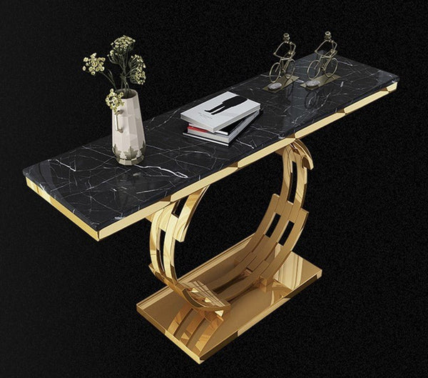 Abbey Marble Console Table with Metal Frame – Modern Hallway Entryway Sofa Side Table in Black & White - Sleek Furniture