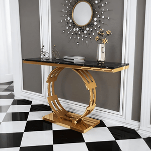Abbey Marble Console Table with Metal Frame – Modern Hallway Entryway Sofa Side Table in Black & White - Sleek Furniture