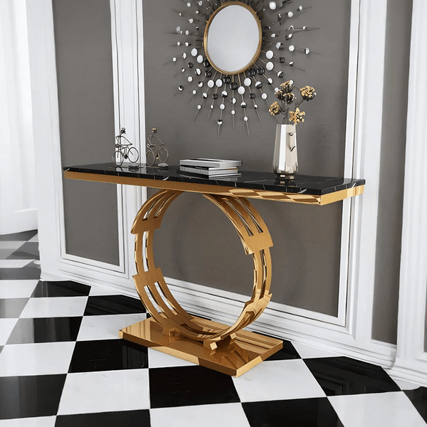 Abbey Marble Console Table with Metal Frame – Modern Hallway Entryway Sofa Side Table in Black & White - Sleek Furniture