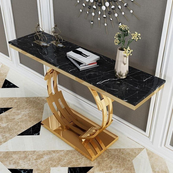 Abbey Marble Console Table with Metal Frame – Modern Hallway Entryway Sofa Side Table in Black & White - Sleek Furniture
