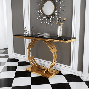Abbey Marble Console Table with Metal Frame – Modern Hallway Entryway Sofa Side Table in Black & White - Sleek Furniture