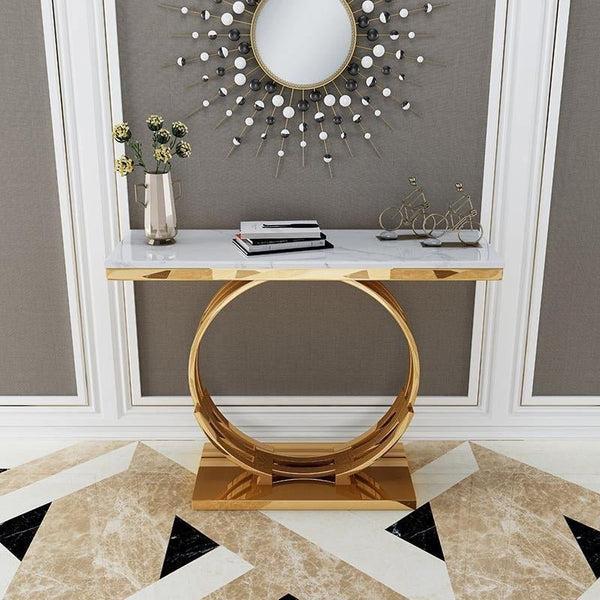 Abbey Marble Console Table with Metal Frame – Modern Hallway Entryway Sofa Side Table in Black & White - Sleek Furniture