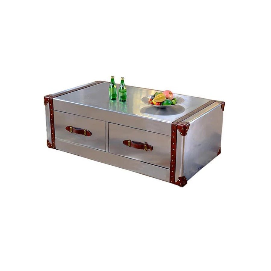AC93 Aviator Coffee Table in Silver Aluminium Finish with Metal Frame, Modern Industrial Living Room Centre Table - Sleek Furniture