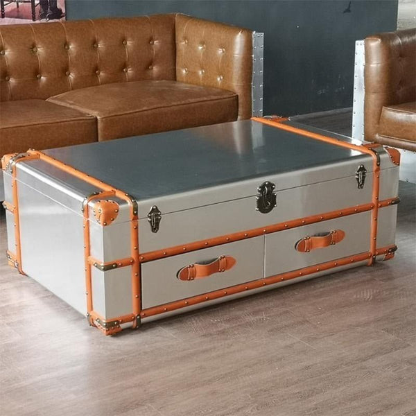AC93 Aviator Coffee Table in Silver Aluminium Finish with Metal Frame, Modern Industrial Living Room Centre Table - Sleek Furniture