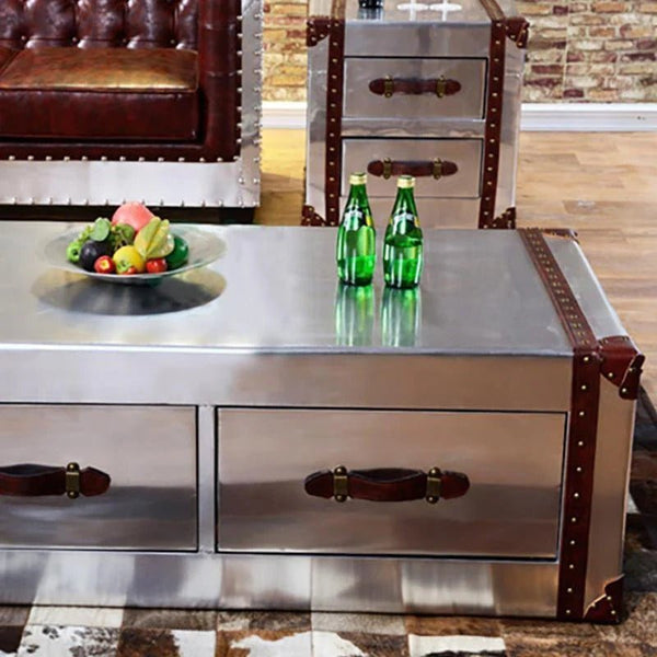 AC93 Aviator Coffee Table in Silver Aluminium Finish with Metal Frame, Modern Industrial Living Room Centre Table - Sleek Furniture