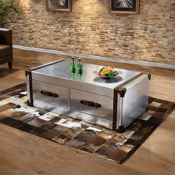 AC93 Aviator Coffee Table in Silver Aluminium Finish with Metal Frame, Modern Industrial Living Room Centre Table - Sleek Furniture