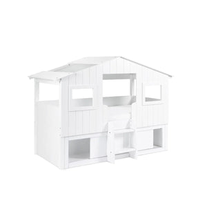 White treehouse cabin bed with square window details