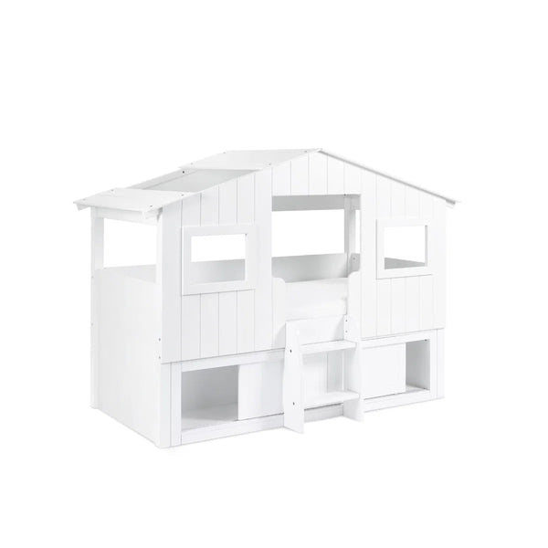 White treehouse cabin bed with square window details