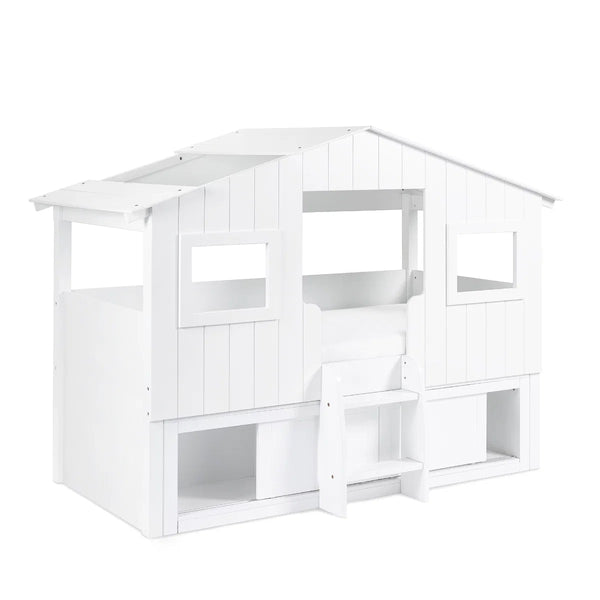 White wooden kids cabin bed with step ladder
