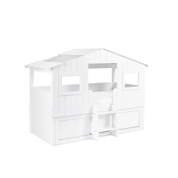 White treehouse cabin bed with square window details