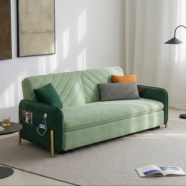 Aditi Two Seater Sofa Bed – Modern Pull-Out Sofa Bed with Suede Upholstery, Metal Frame & High Density Foam Cushioning, Light Green Space-Saving Guest Bed Sofa - Sleek Furniture