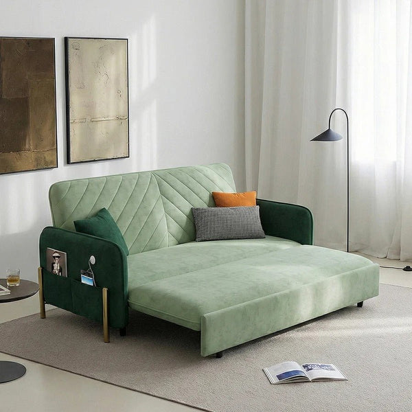 Aditi Two Seater Sofa Bed – Modern Pull-Out Sofa Bed with Suede Upholstery, Metal Frame & High Density Foam Cushioning, Light Green Space-Saving Guest Bed Sofa - Sleek Furniture