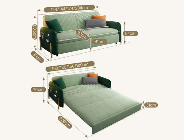 Aditi Two Seater Sofa Bed – Modern Pull-Out Sofa Bed with Suede Upholstery, Metal Frame & High Density Foam Cushioning, Light Green Space-Saving Guest Bed Sofa - Sleek Furniture