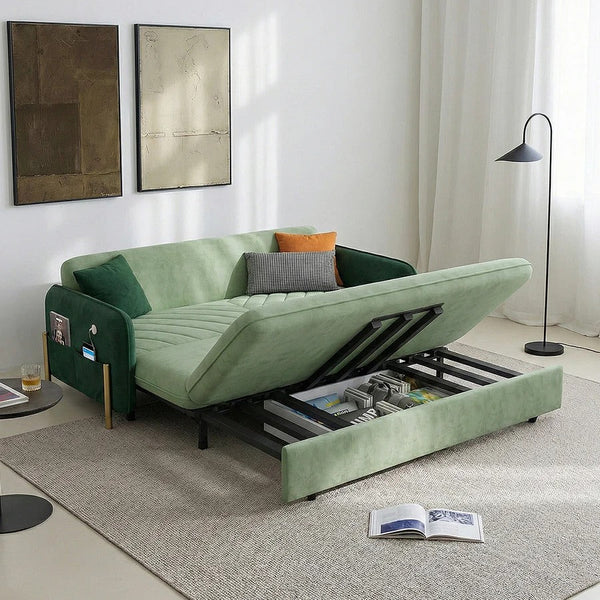 Aditi Two Seater Sofa Bed – Modern Pull-Out Sofa Bed with Suede Upholstery, Metal Frame & High Density Foam Cushioning, Light Green Space-Saving Guest Bed Sofa - Sleek Furniture