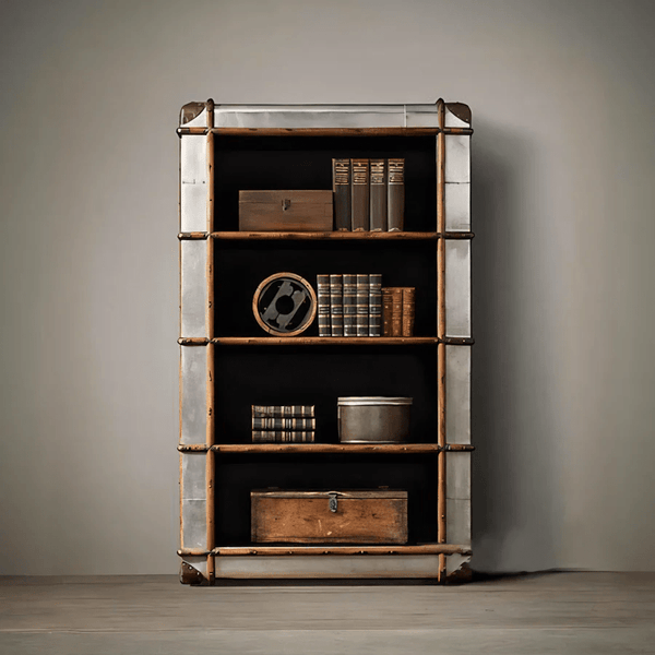 AF55 Aviator Loft Style Bookcase – Industrial Aluminum & Wood Shelving Unit, Modern Contemporary Storage Display Rack for Living Room & Office - Sleek Furniture
