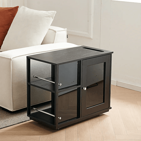 Aglaea Side Table with Storage & Dominic Dressing Table with LED Mirror Set, Black – Modern Wooden Vanity Unit with Sideboard Storage - Sleek Furniture