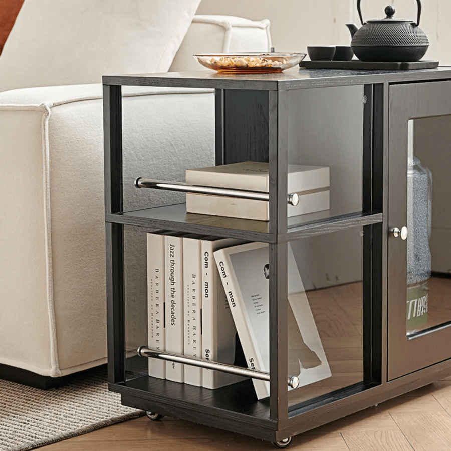 Aglaea Side Table with Storage & Dominic Dressing Table with LED Mirror Set, Black – Modern Wooden Vanity Unit with Sideboard Storage - Sleek Furniture
