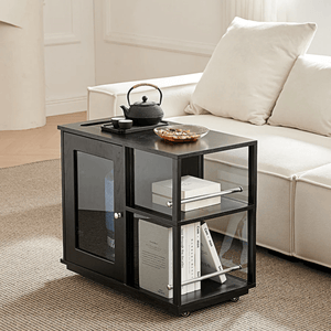 Aglaea Side Table with Storage & Dominic Dressing Table with LED Mirror Set, Black – Modern Wooden Vanity Unit with Sideboard Storage - Sleek Furniture