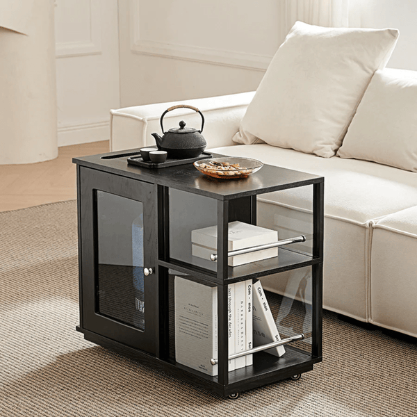 Aglaea Side Table with Storage & Dominic Dressing Table with LED Mirror Set, Black – Modern Wooden Vanity Unit with Sideboard Storage - Sleek Furniture