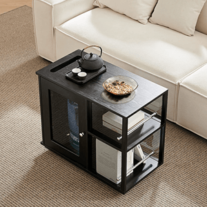 Aglaea Side Table with Storage & Dominic Dressing Table with LED Mirror Set, Black – Modern Wooden Vanity Unit with Sideboard Storage - Sleek Furniture