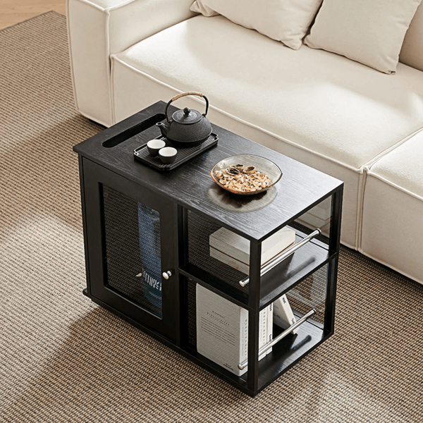 Aglaea Side Table with Storage & Dominic Dressing Table with LED Mirror Set, Black – Modern Wooden Vanity Unit with Sideboard Storage - Sleek Furniture