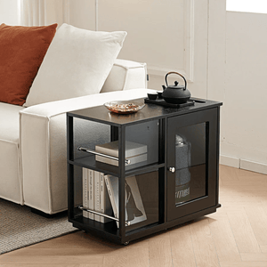 Aglaea Side Table with Storage & Dominic Dressing Table with LED Mirror Set, Black – Modern Wooden Vanity Unit with Sideboard Storage - Sleek Furniture