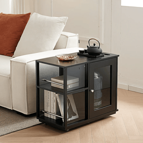 Aglaea Side Table with Storage & Dominic Dressing Table with LED Mirror Set, Black – Modern Wooden Vanity Unit with Sideboard Storage - Sleek Furniture