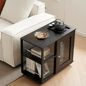 Aglaea Side Table with Storage & Dominic Dressing Table with LED Mirror Set, Black – Modern Wooden Vanity Unit with Sideboard Storage - Sleek Furniture