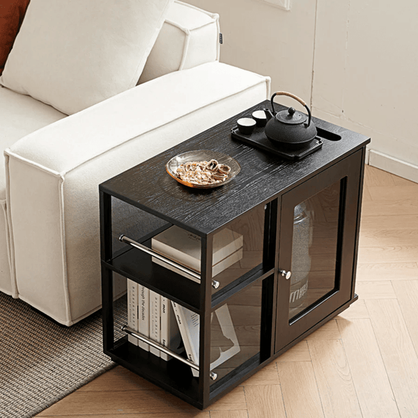 Aglaea Side Table with Storage & Dominic Dressing Table with LED Mirror Set, Black – Modern Wooden Vanity Unit with Sideboard Storage - Sleek Furniture