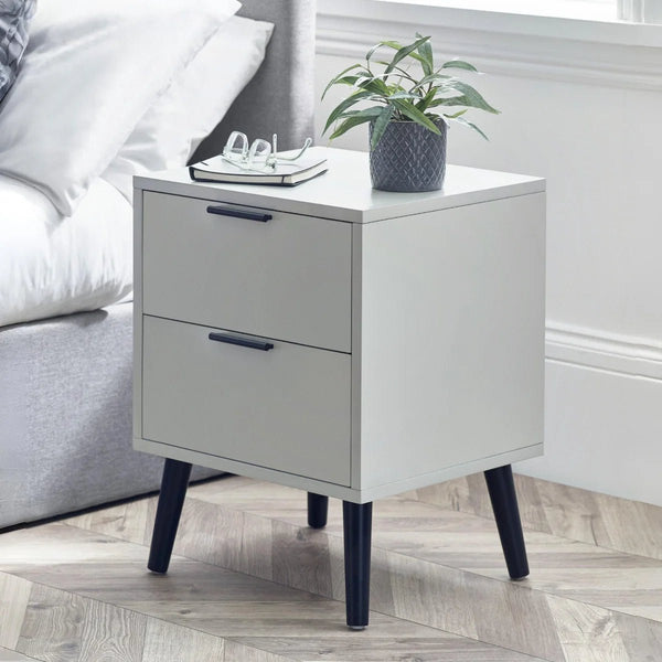 Alba 2 Drawer Bedside Table in Silk Grey with Soft Close Drawers and Black Metal Handles - Sleek Furniture