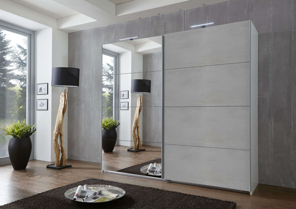 Alfor Mirrored Sliding Door Wardrobe 225 cm | Concrete Grey Finish, Modern Bedroom Storage