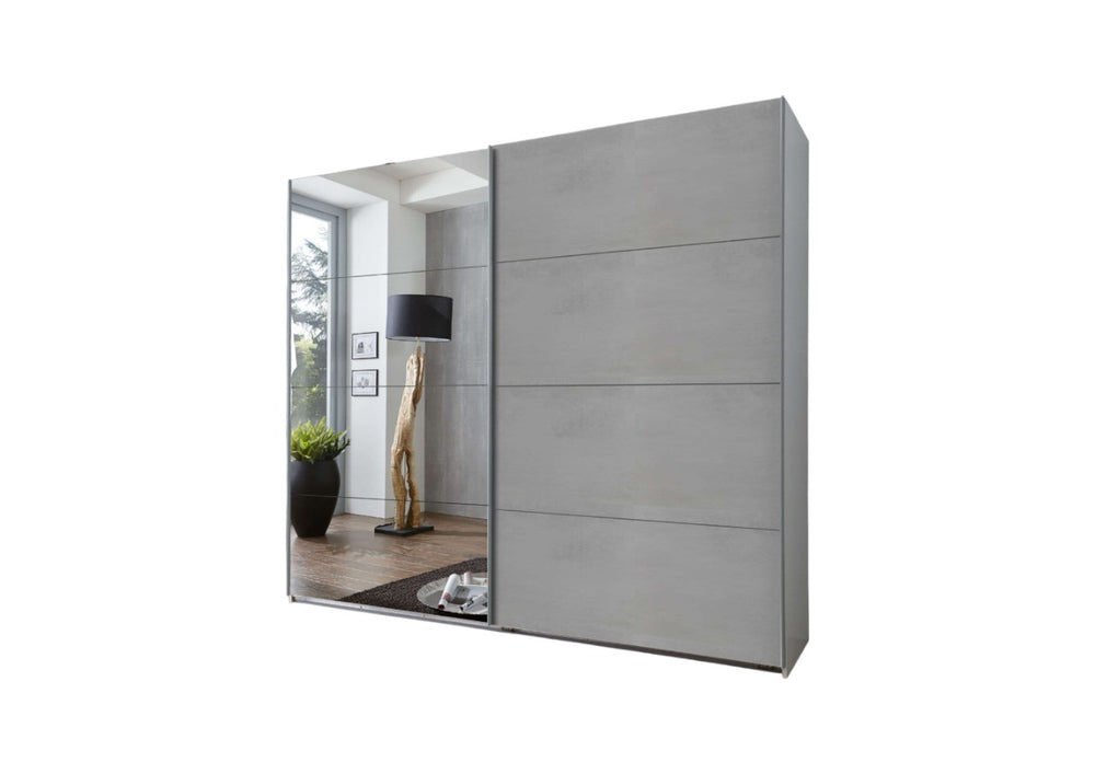 Alfor Mirrored Sliding Door Wardrobe 225 cm | Concrete Grey Finish, Modern Bedroom Storage