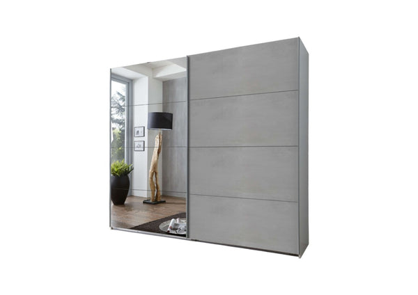 Alfor Mirrored Sliding Door Wardrobe 225 cm | Concrete Grey Finish, Modern Bedroom Storage